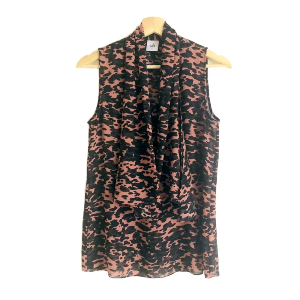Cabi Animal Print Top Tie Neck Sleeveless Pink Black Sz XS